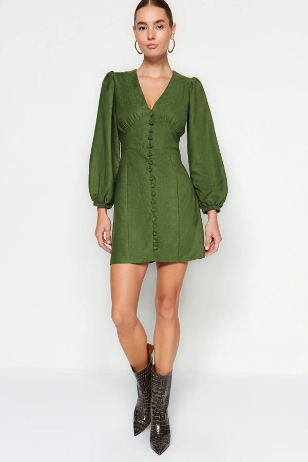 لباس مجلسی یقه V با آستین بادکنکی سبز TRENDYOLMILLA